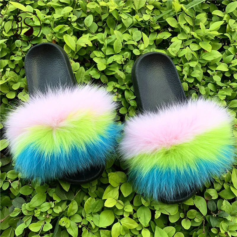 

Wholesale price real fur slippers flush soft raccoon fur slipper outdoor fox fur slides slides footwear shoes for women, Picture