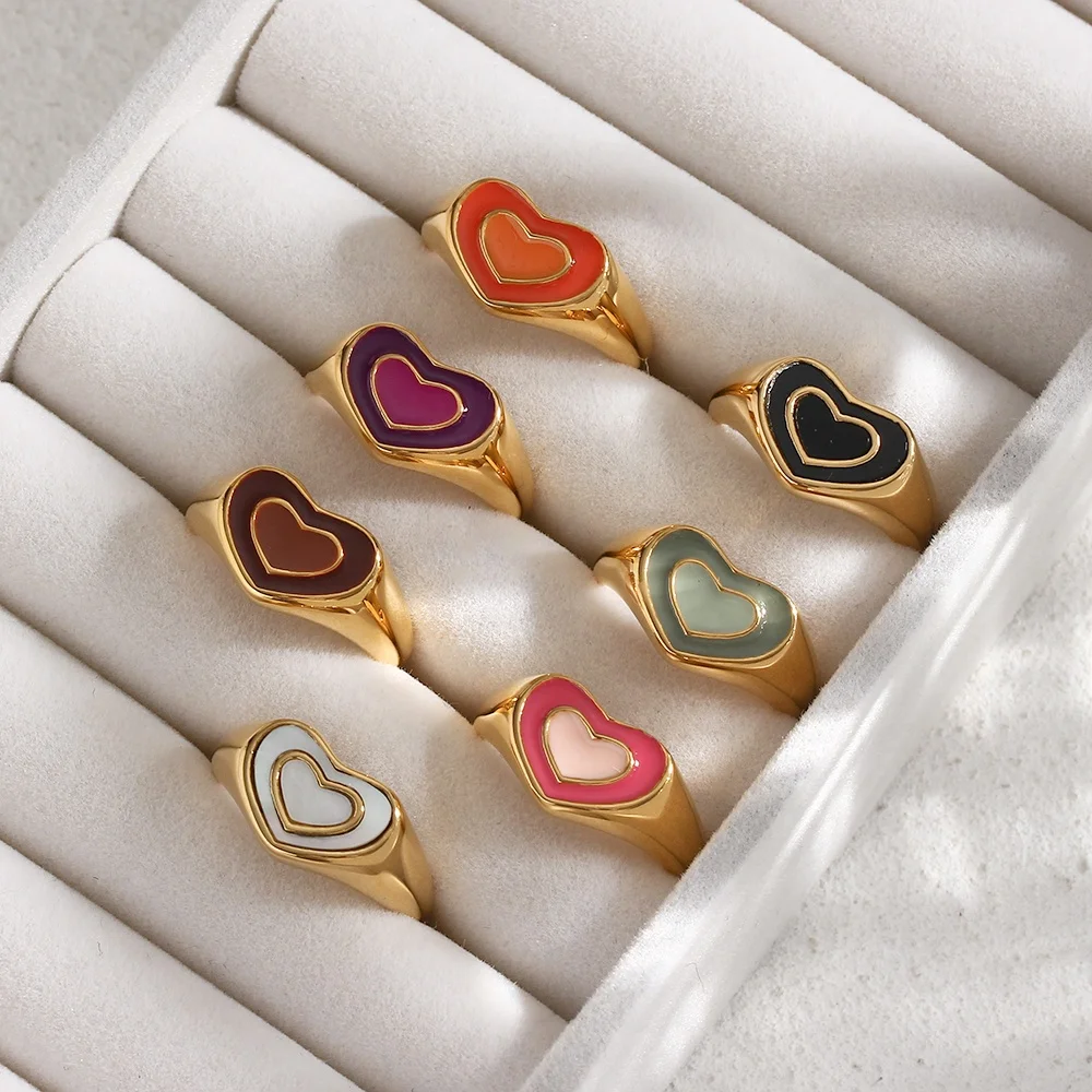 

Fashion Stainless Steel Rings 18K Gold PVD Plated Shell Red White Black Enamel Heart Ring, Red, white, black, pink, green, orange, purple