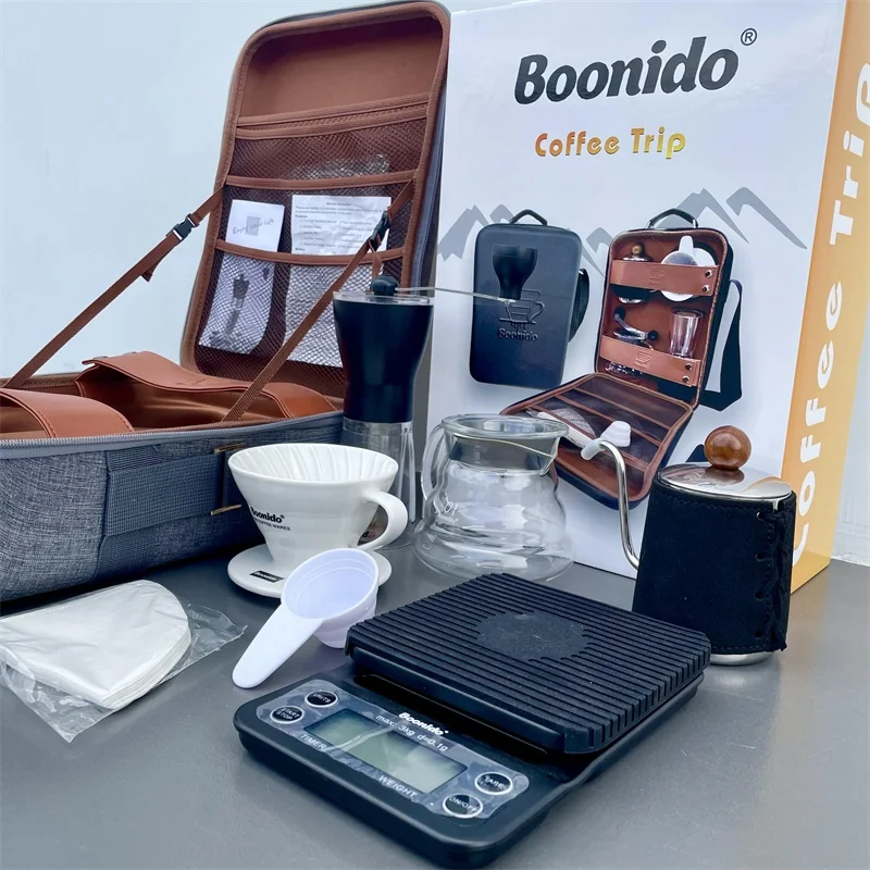 

Boonido Pour Over Kettle drip coffee sets Fashion Portable Glass Pot Ceramic Dripper Coffee grinder V60 coffee travel bag