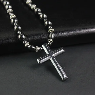 

2021 Hot Sale Natural Stone 8mm Magnetic Black Hematite Beads Necklace Energy Stone Hematite Cross Pendant Necklaces For Men