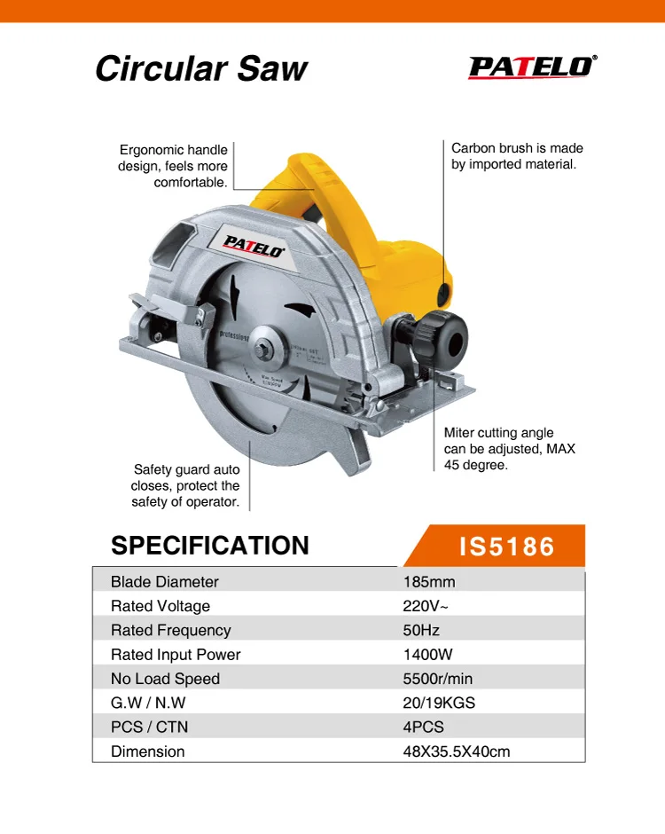
Patelo Electric Circular Saw IS5186 185mm 220V/50Hz 1400W 