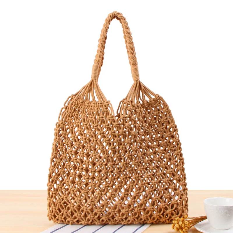 

New solid color one-shoulder woven bag handmade straw woven cotton rope net pocket beach bag