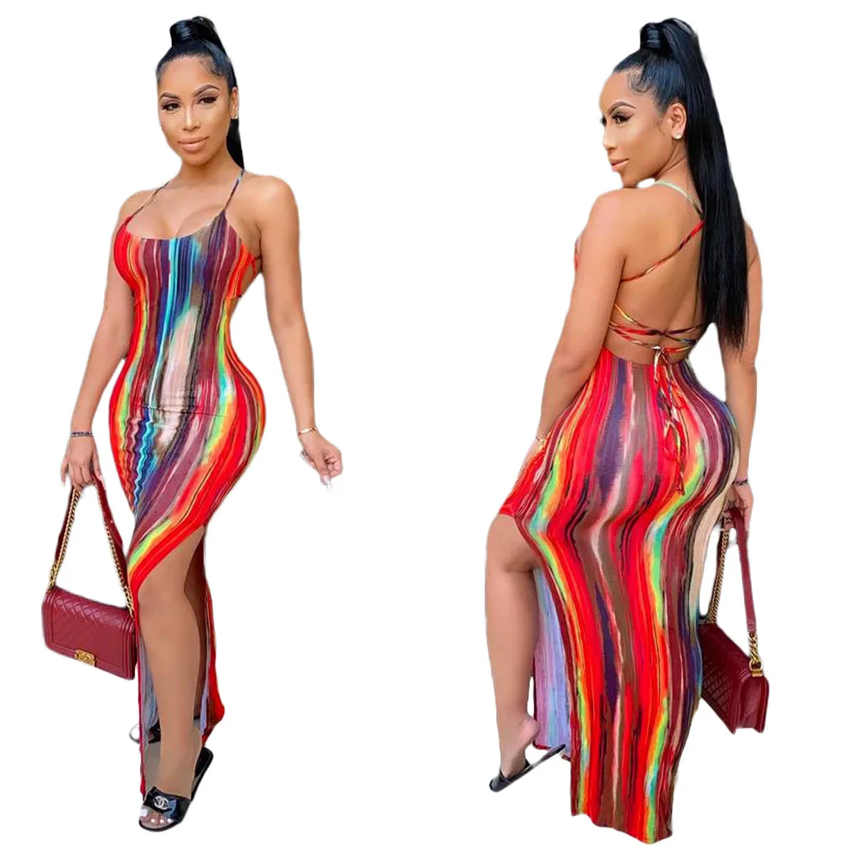 

2021 new best selling printed sling backless sleeveless bandage split party club tie dye maxi dress summer, 1 color and also can make as your request
