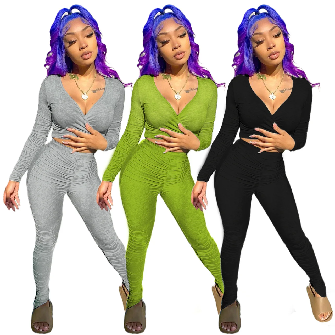 

Fashion casual solid color imitation cotton lounge wear jogger set women two piece set fall 2021 women clothes, Gray/black/fluorescent green