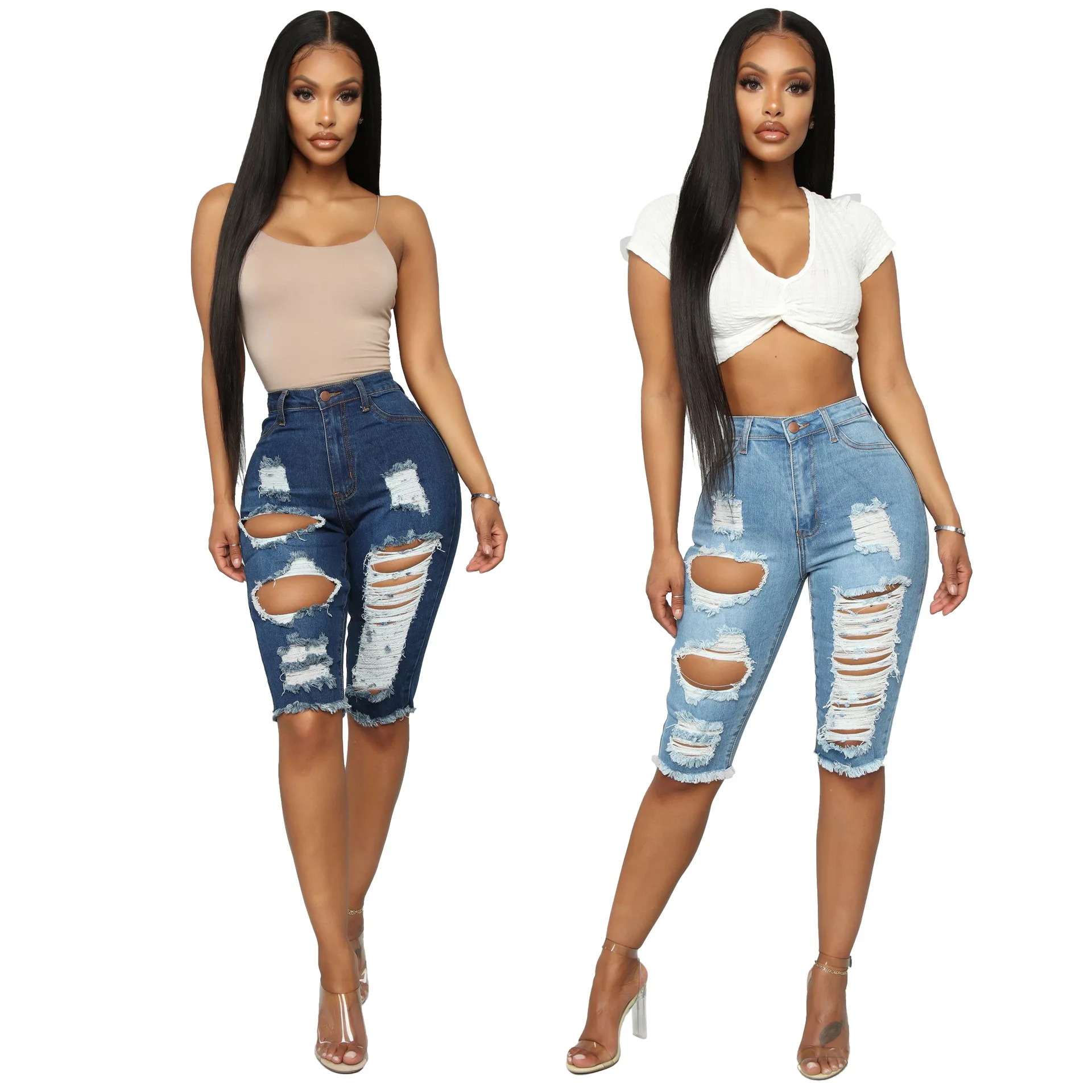 

Fashion All Match Mid Short Holes High Waist Washed Ripped Stretch Denim Pants Straight Trouser Sexy Hot Women's Jeans, Shown