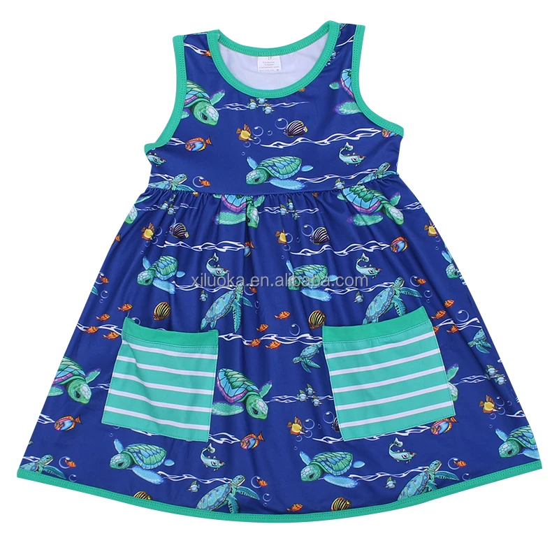 

Hot Sale Kids Boutique Clothing Tortoise Print Sleeveless Girl Summer Dresses