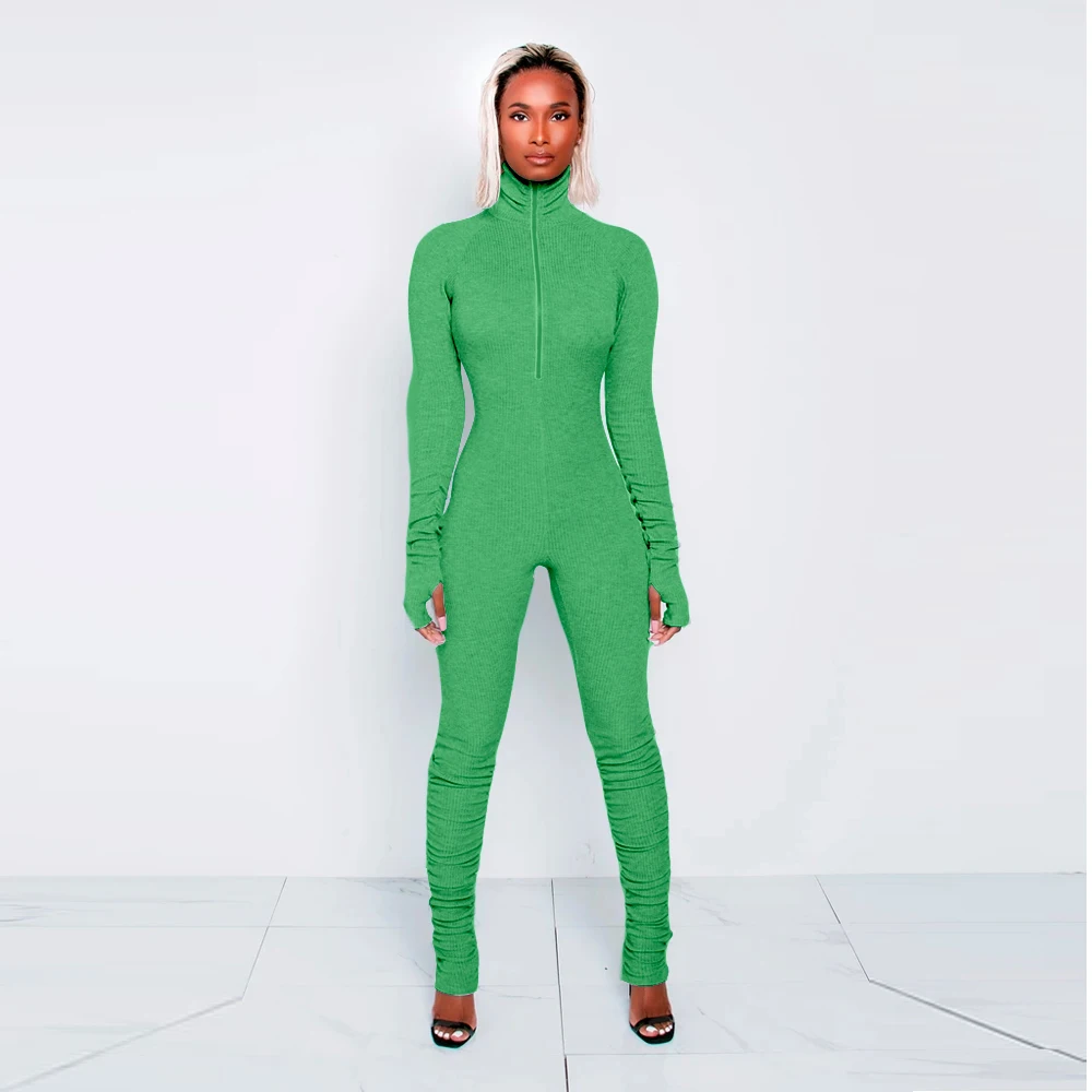 
8358 Hot sales long sleeves women tight zipper casual jumpsuits and rompers cotton Ribbed material classy women jumper 