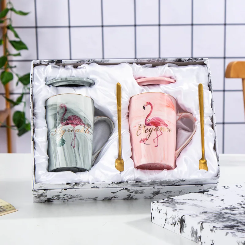 

Doyoung Custom Logo Couple Mug Set Design Marble Porcelain Ceramic Coffee Flamingo Mug with Gift Box, Pink,grey