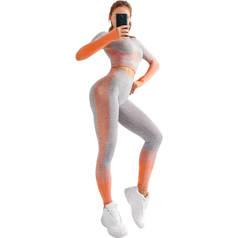 

wholesale seamless high waist yoga leggings set women yoga sets long sleeves crop top set, Gray,pink,orange