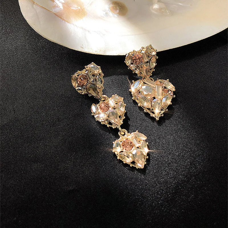

fashion trendy rhinestone drop heart earrings gold 14k