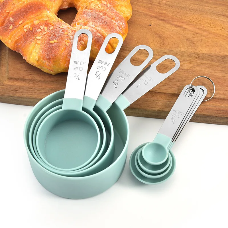

Silicone Measuring Colorful Spoon Cup With Stainless Steel Handle Hot Selling 4 Pieces Baking Kit Engraved Set, Picture shows