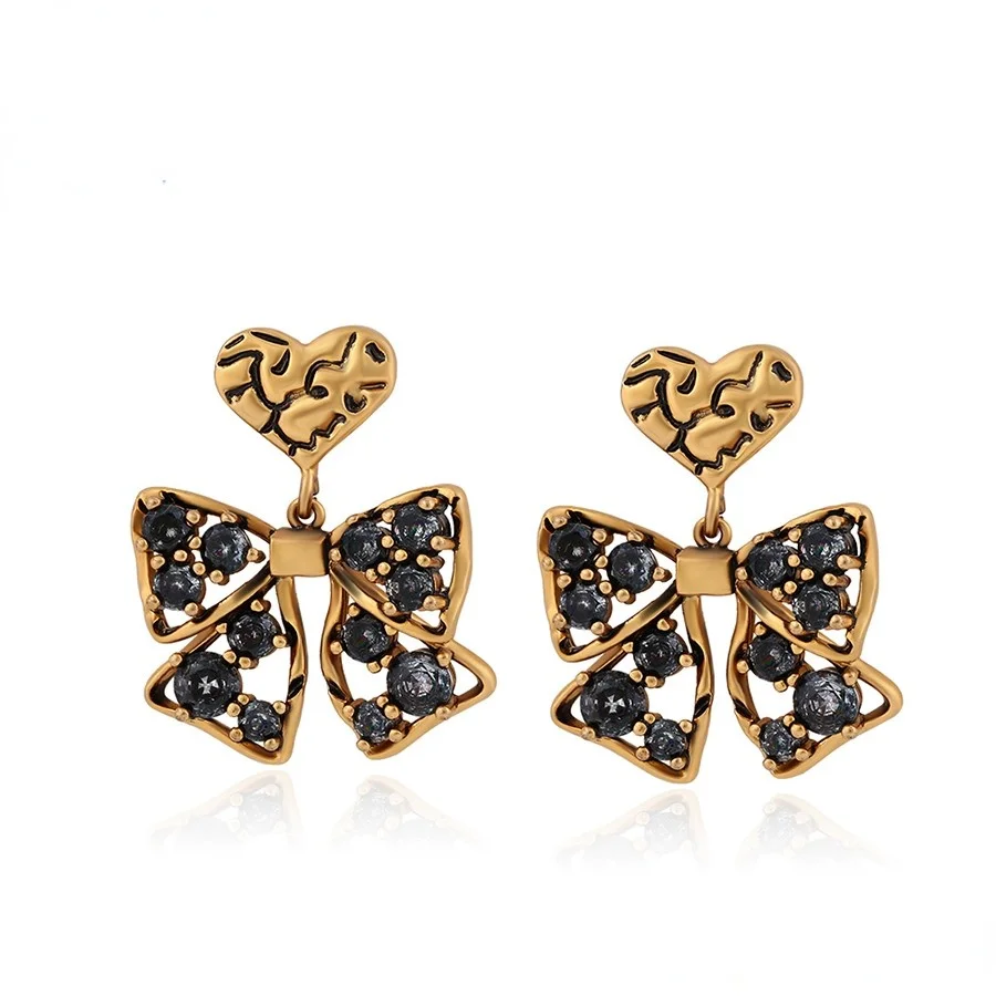 

BLE-1974 Xu ping jewelry Elegant new design bow set with black diamond light luxury 18K gold heart-shaped earrings