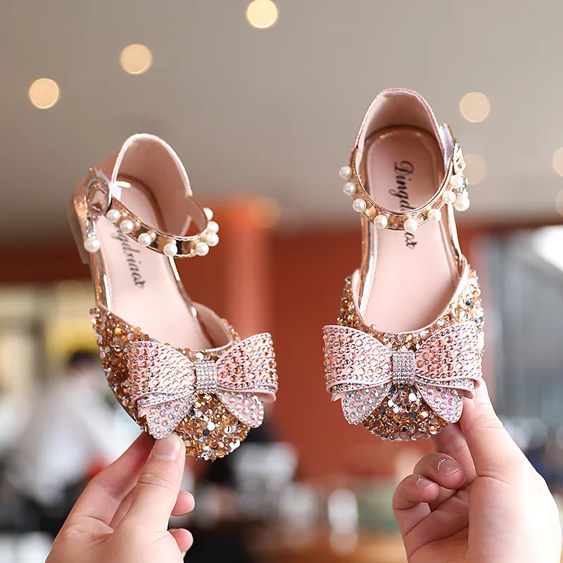 

Hot selling big bow pearl design bling bling princess girl shoes, Black/silver/gold