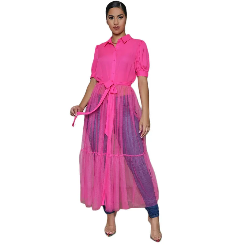 

2021 Fashion Shirt Style Button Gauze Dress Ladies Long Street Solid Color Dress Casual Home Commuting Dress Female Wholesale, Black, rose red