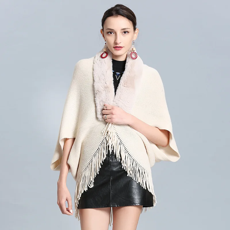 

Autumn/Winter faux cashmere fox fur collar tassel Poncho for women