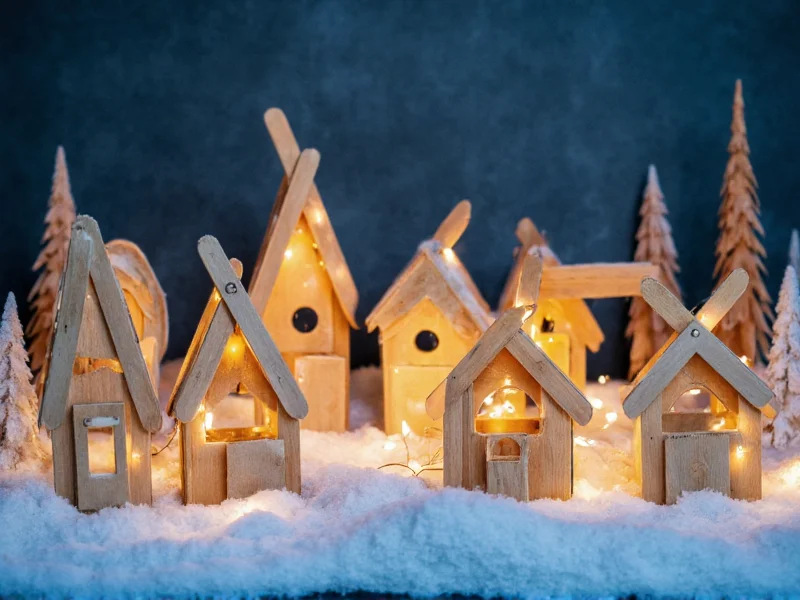 Handmade popsicle stick winter village with glowing lights and snow details