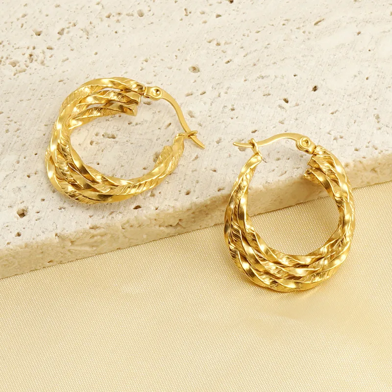 

Titanium Steel Triple Layer Twist Earrings 18K PVD Gold Plated Stainless Steel Twisted Hoop Earrings Non Tarnish