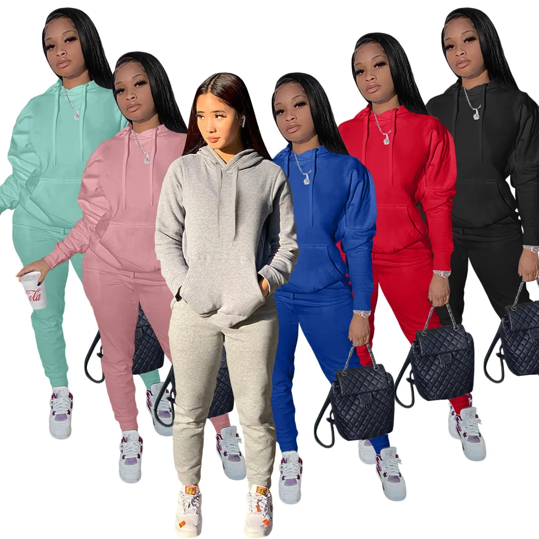 

Factory Custom Women Clothes Solid Color Joggers Track Suit with Hoodie Long Sleeve 2 Piece Hoody Sweat Suits, Pink, red, gray, black, aqua, blue