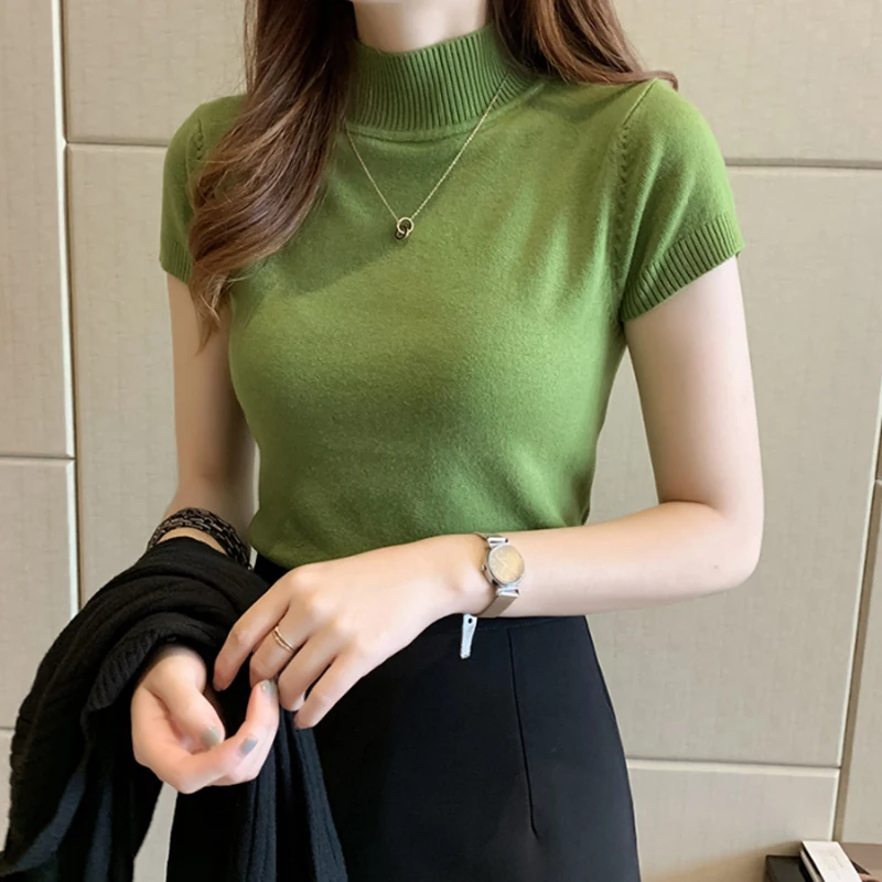 

Fashion Knitt Short sleeved T-shirt Women New Half Turtleneck Stretch Knitted Tshirt office Solid Casual Spring Female Tops