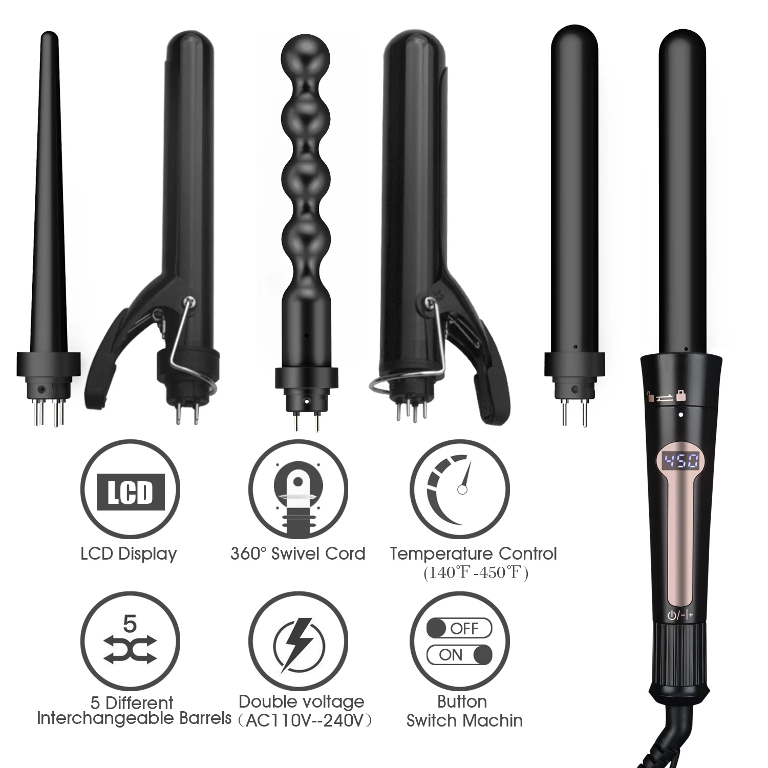 

Magic Ceramic Barrels Hair Curlers 5 In 1 Interchangeable Curling Wand Set Curling Iron