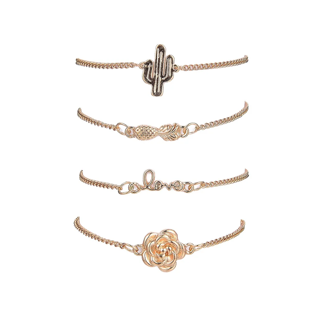 

Bracelet Set For Women Man Gold Lover's Engagement Jewelry Cactus Pineapple Love Flower Charm Adjustable Chain Bracelet