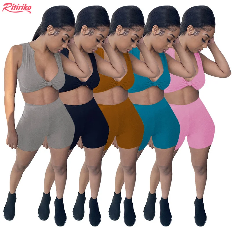 

2021 Hot New Casual Sports Wear Clothing Fitness Sexy Crop Top Deep V Neck Bra Shorts Women Two Piece Sets Tracksuits For Women, Pink, gray, black, blue, brown