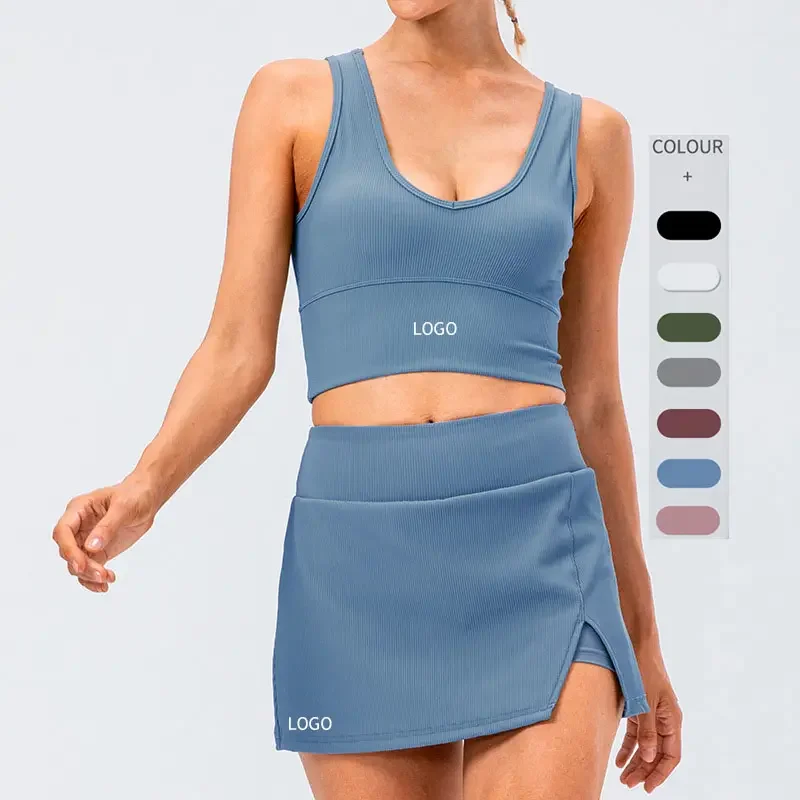 2023 S-2XL Large Size Custom High Waist Tennis Dress Sports Gym Golf Ribbed Tennis Skirt Set With Pocket