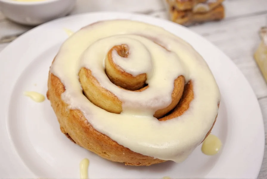 William Greenberg Desserts cinnamon roll with cream cheese icing on white plate, New York City bakery