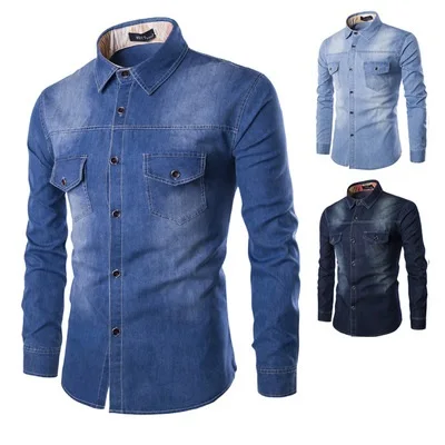 

New Denim Shirt Men Plus Large Size Cotton Jeans Cardigan Casual Fashion Two-pocket Slim Fit Long Sleeve Shirts For Male, As show