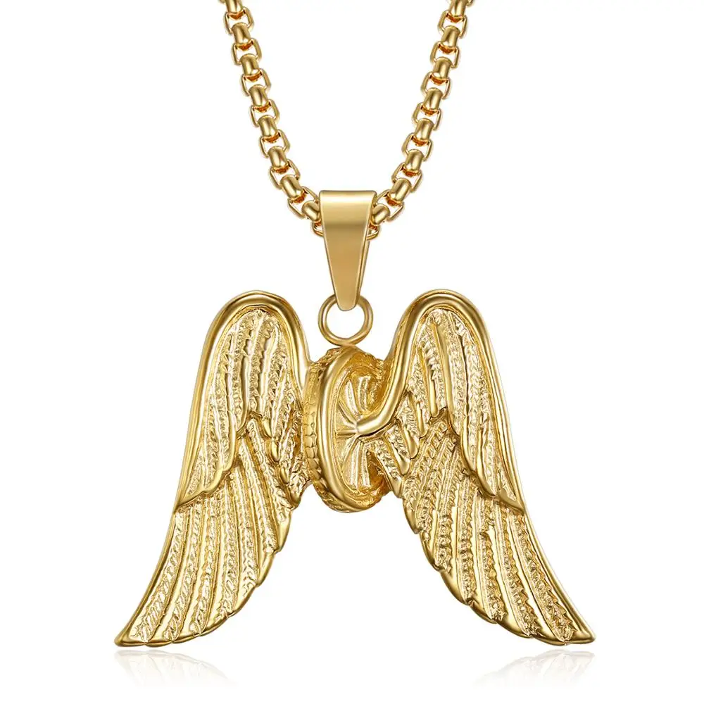 

Olivia new arrival simple pendant stainless steel jewelry wholesale punk design gold double wings necklace for women men