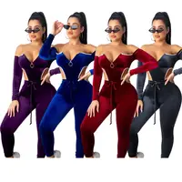 

11163NA newest solid off shoulder bodysuit jogging suit pleuche Pant Women Clothing Two Piece Sets