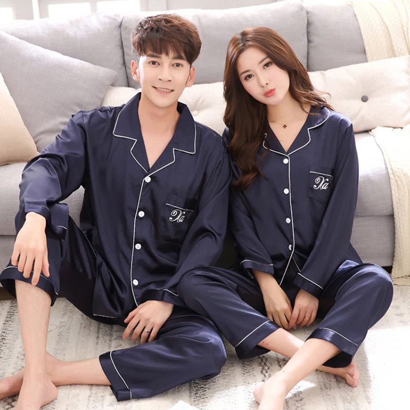 

Luxury Pajama suit Satin Silk pajamas couple set Sleepwear Family Pijama Lover Night Suit Men & Women Casual Home Clothing, Customized color