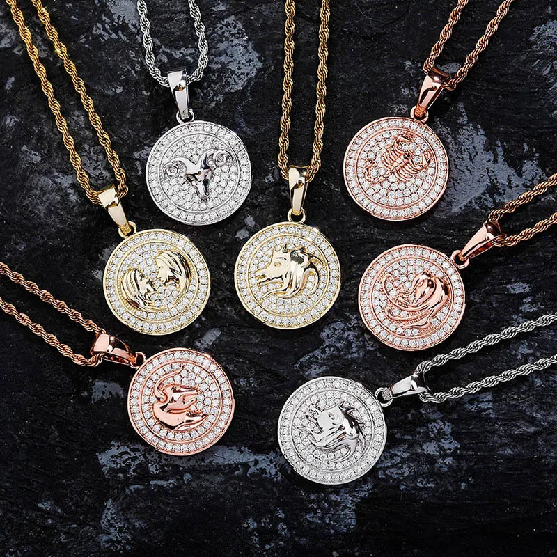 

12 zodiac jewelry Gold rose gold silver plated 3 colors CZ diamond paved coin medallion hip hop men Aries necklace, Multi color