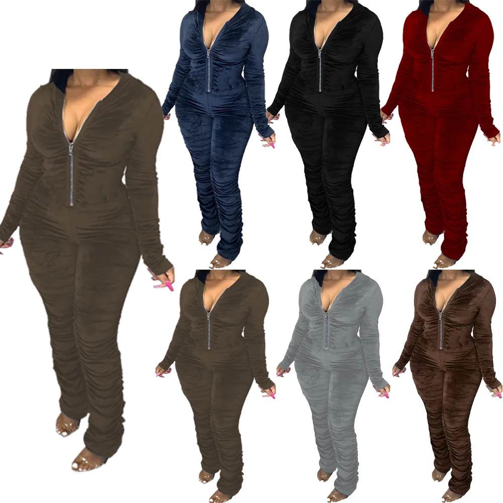 

Wholesale new fashion long sleeve zipper blue velvet one piece bodycon stacked jumpsuits, Photo shows