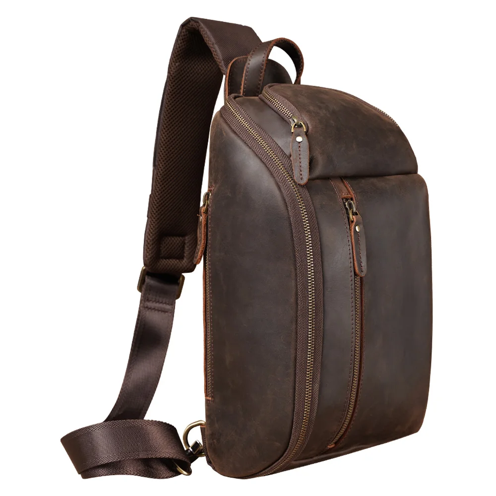 

TIDING Vintage Men Brown Large Capacity Crazy Horse Leather Chest Bag One Shoulder Backpack Crossbody Sling Bag