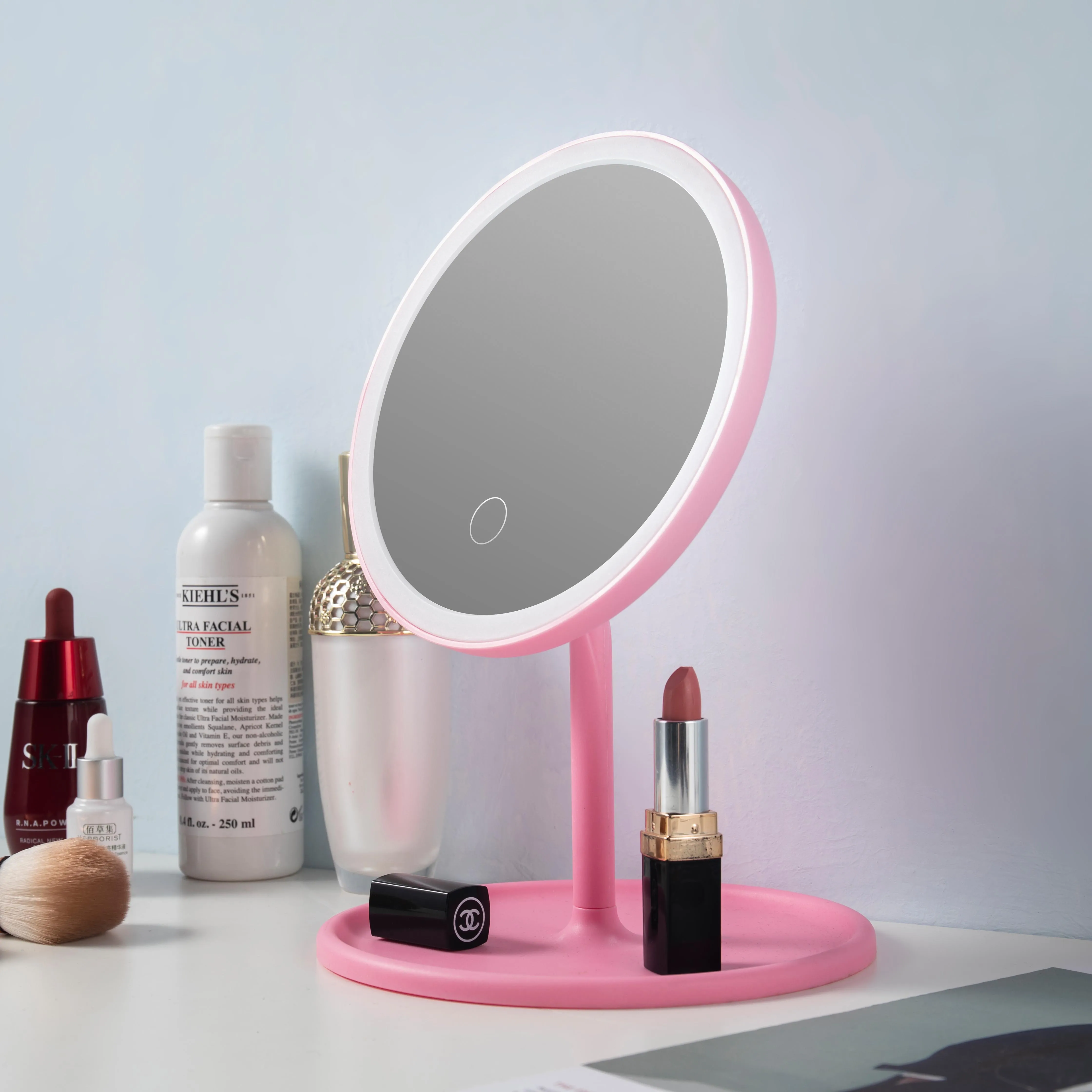 

Rechargeable 3 Color Lights Modes and Adjustable Rotation make up mirror LED Desk Cosmetic Mirror, White pink