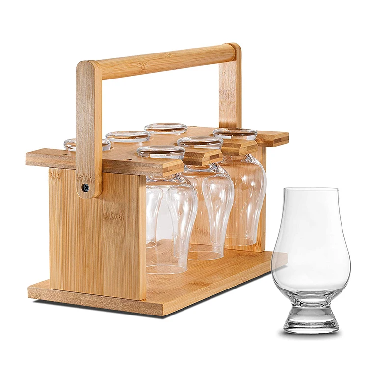 

2021 new arrivals countertop 6 bottle wooden bamboo whiskey wine glass drying rack holder with handle, Natural