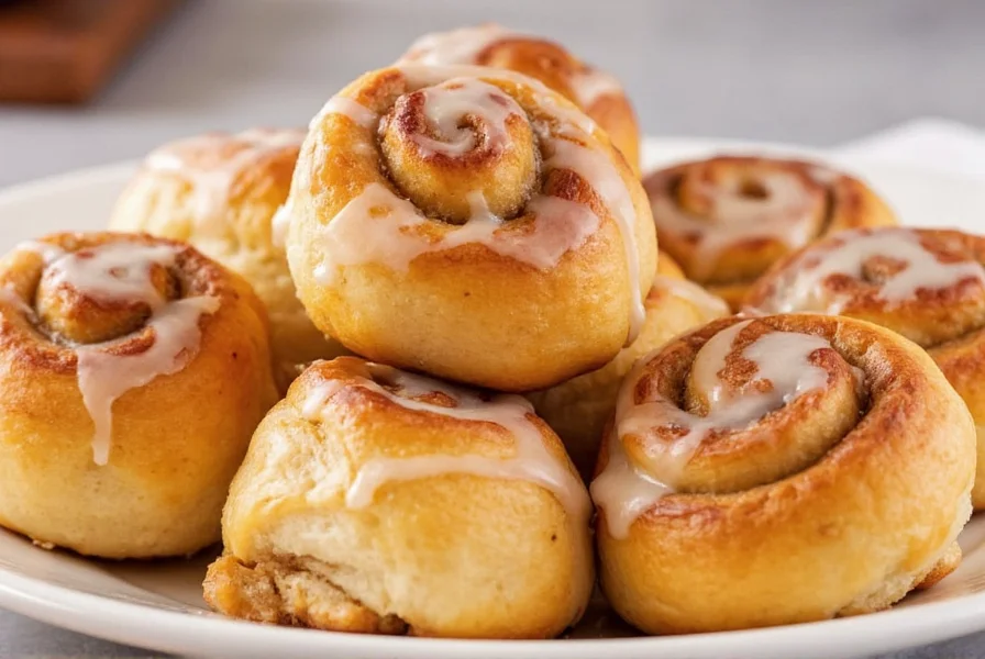Freshly baked crescent roll cinnamon rolls with glossy icing drizzled on top, served on a white plate
