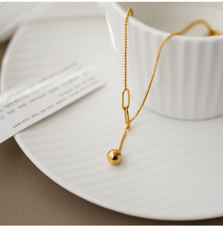 Korean Fashion Design Gold-plated Tassel Necklace Pull Small Gold Ball Stainless Steel Necklace Women