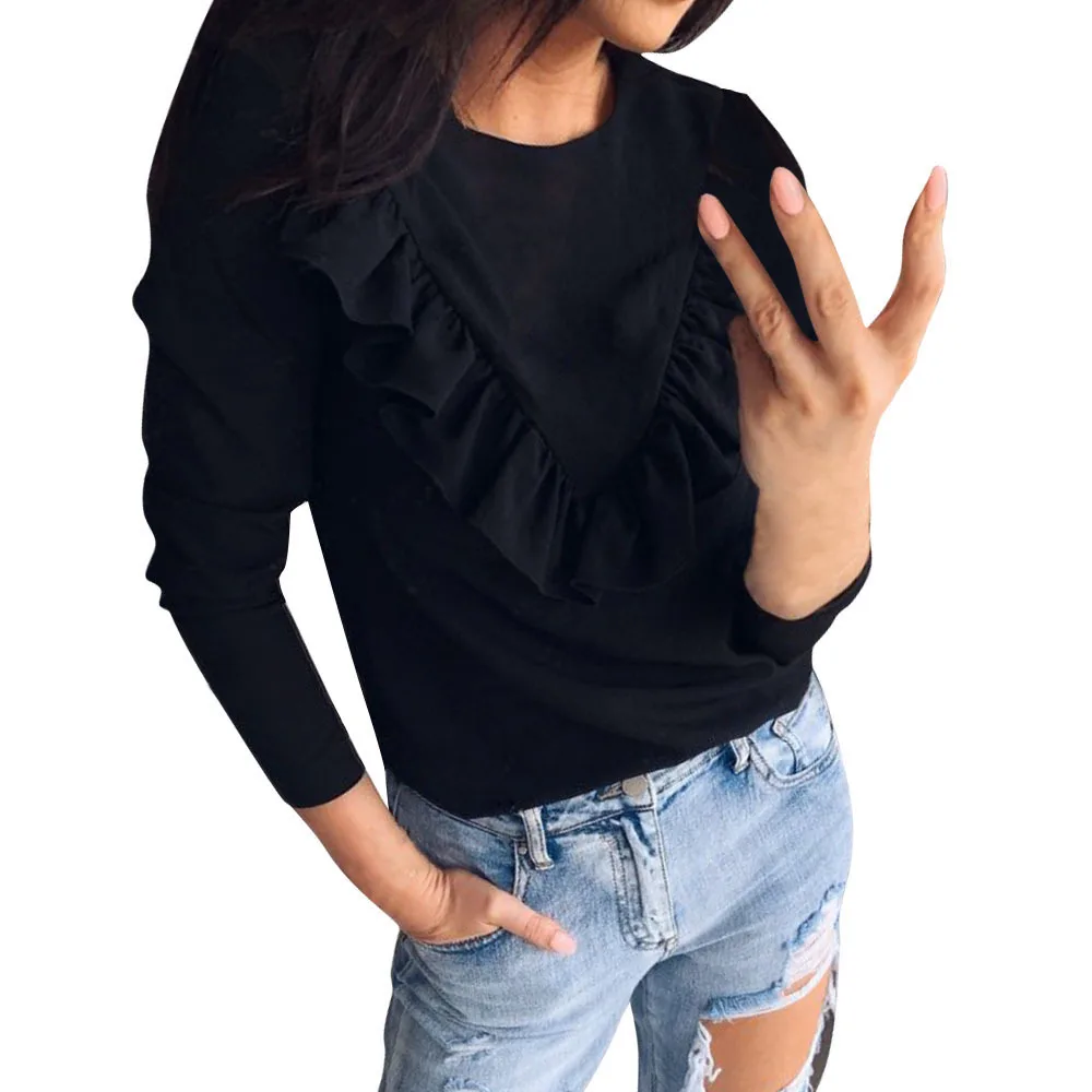 

WW-1324 Fashion Falbala Pure Color Round Neck Long Sleeve Blouse Ruffle Blouse Casual Women Crew Neck T-shirt long sleeves tops, Customized color