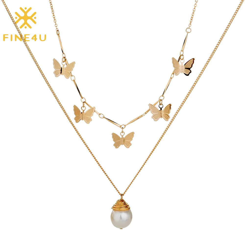 

Fashionable Women Natural Freshwater Pearl Pendant Double Layered Gold Plated Butterfly Necklace