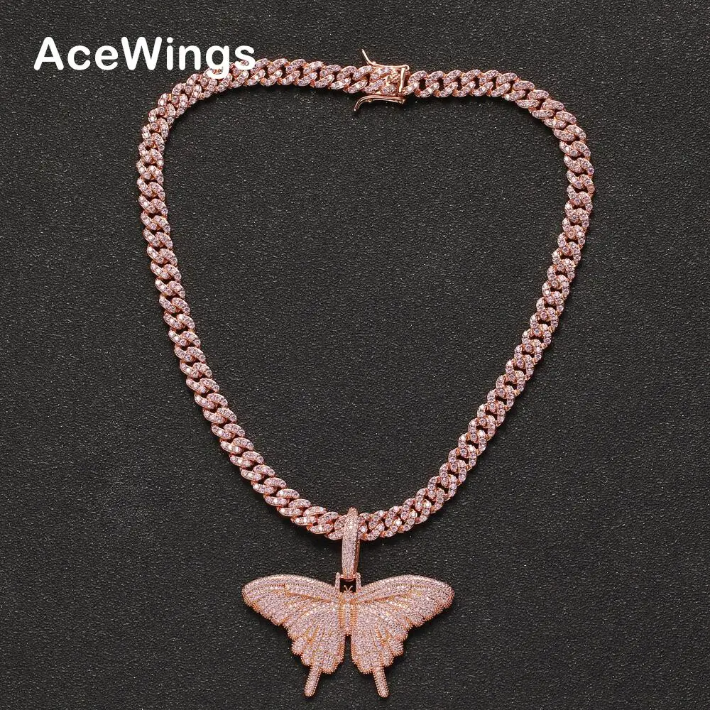 

CN165 CZ Butterfly Pendant wth 8mm Brass setting Zircon Cuban link Chain Necklace Hip hop Bling Jewelry CZ Chain Iced Out