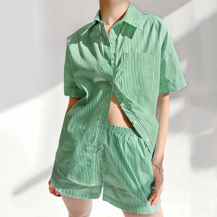 

Summer T-shirt Style Shorts Stripe Pyjama Suit Female Vogue Female Cotton Hot Girls Home Sleepwear Women, Green, khaki