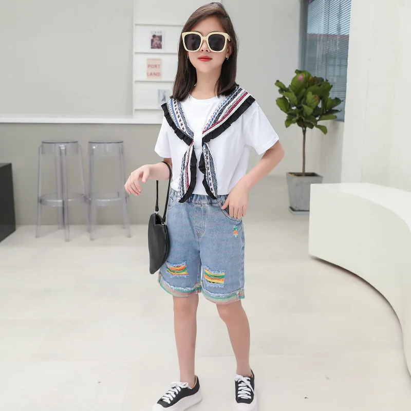

New arrival fahion summer girls printing neck tie short sleeve T shirt and denim shorts 2 pieces clothing set, Picture shows