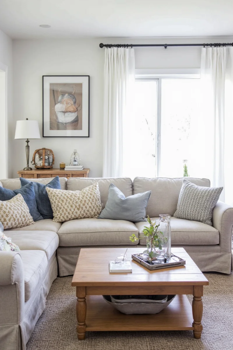 Family-friendly living room concept with playful colors and soft textures