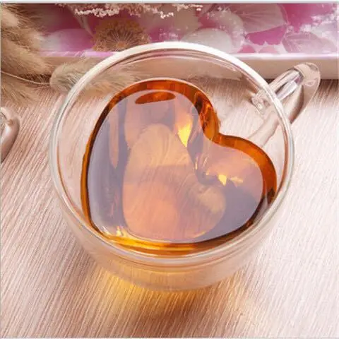 

Custom Heart Shaped Double Wall glass Tea Cup Heat Resistant tea Beer glass cup with handle, Transparent