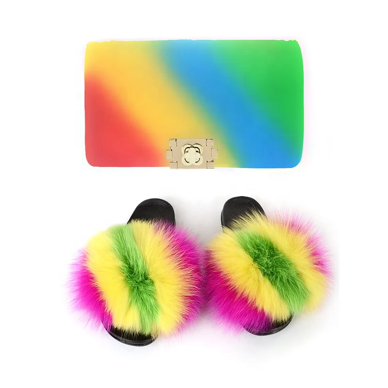 

Ladies All Kinds Of Colors Fox Fur Slides Furry Slippers And Purse
