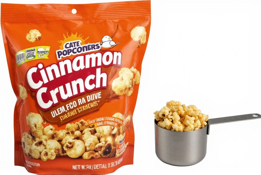 Popcorners Cinnamon Crunch bag next to measuring cup showing standard serving size of approximately 15 pieces