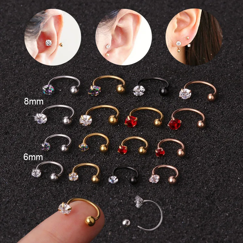 

2022 Fashion Jewelry 6mm 8mm Stainless Steel Colorful Zircon C Shape Pierced Earrings