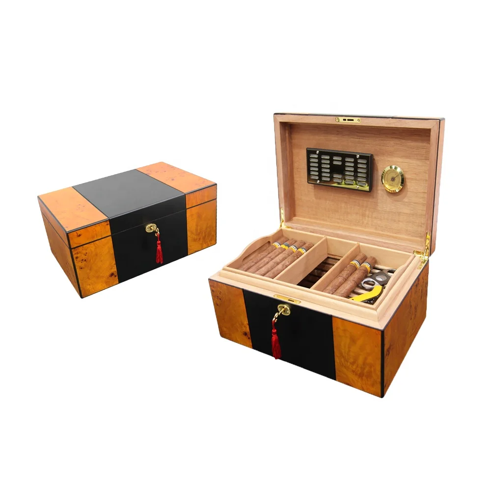 

Brand Quality High Gloss Lacquer Cedar Wood Cigar Humidor, Burl wood pattern;middle black